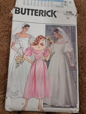 Vintage Butterick 3136 NEW Off Shoulder Fitted Bodice Wedding Dress Size 10